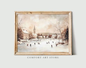 May include: A watercolour painting of a winter scene with a church in the background and people ice skating on a frozen lake. The painting is framed in a light wood frame.