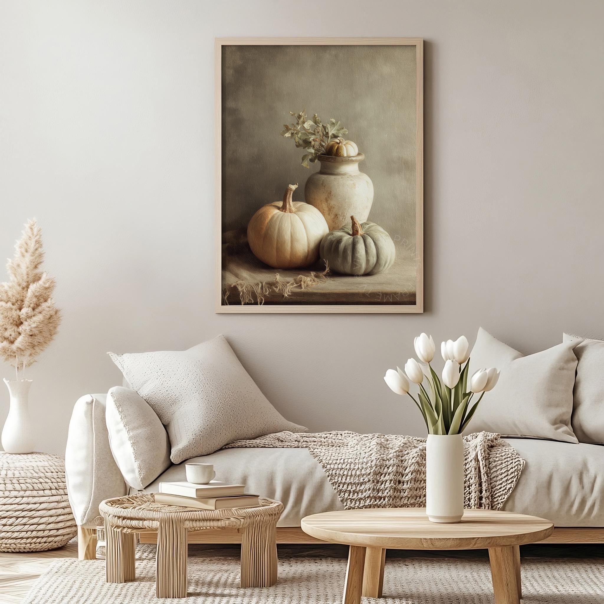 Neutral Pumpkin Still Life Wall Art, Vintage Oil Painting Style Fall ...
