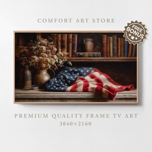 Independence Day Frame TV Art Samsung Frame TV 4th of July Print Vintage American Flag Antique Book Patriotic USA Oil Painting Tv Download