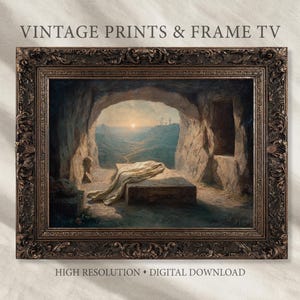 May include: A framed vintage print depicting an open tomb with a draped cloth and a landscape view. The artwork is in a dark ornate frame. The text "VINTAGE PRINTS & FRAME TV" and "HIGH RESOLUTION • DIGITAL DOWNLOAD" are visible.