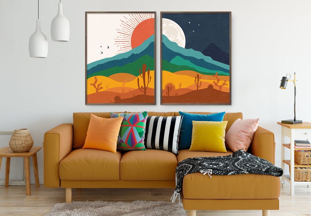 Wall Art Set of Prints Day and Night Landscape Boho Gallery Etsy