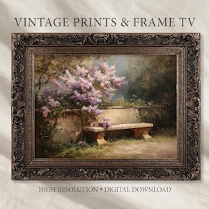May include: A framed digital print of a park scene with a stone bench and blooming lilac bushes. The ornate dark brown frame surrounds the artwork. Text at the top reads "VINTAGE PRINTS & FRAME TV" and at the bottom "HIGH RESOLUTION • DIGITAL DOWNLOAD".