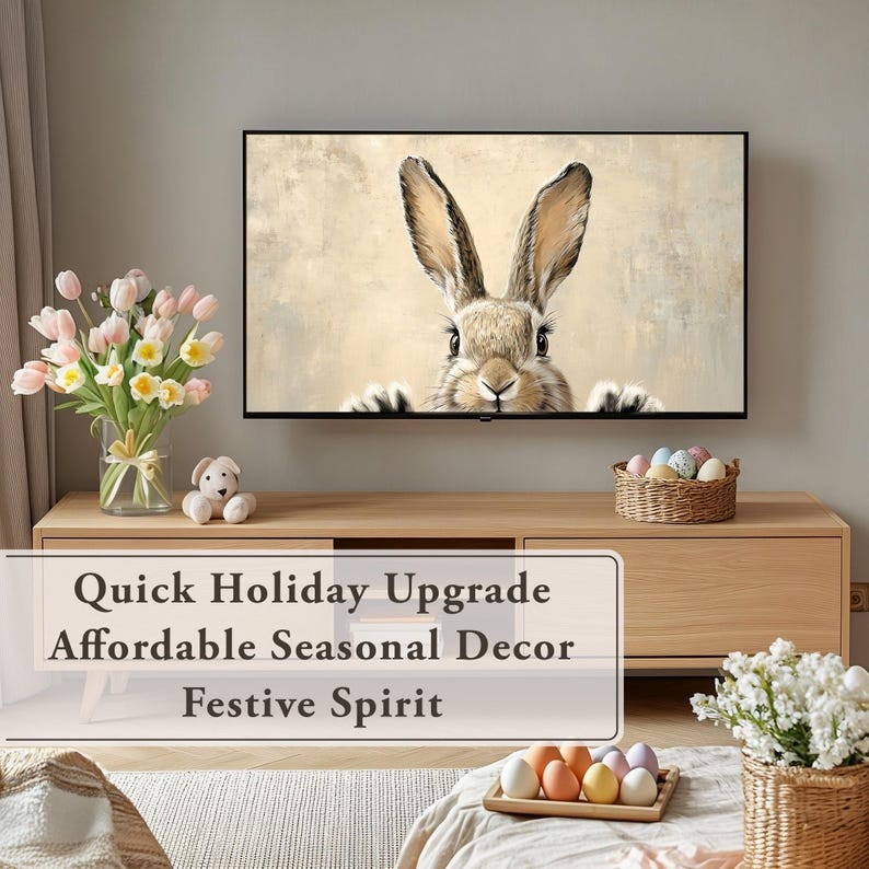May include: A brown rabbit peeking out from behind a television screen. The television is on a wooden entertainment center with a vase of flowers and a stuffed animal. The text "Quick Holiday Upgrade Affordable Seasonal Decor Festive Spirit" is displayed on the entertainment center.