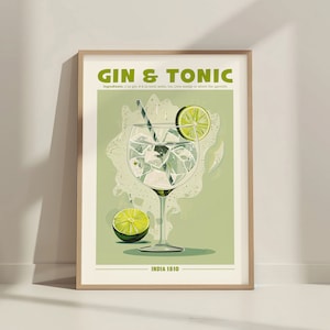 Impresión de cóctel de gin tonic. Cóctel de alcohol clásico. Póster de exposición de cócteles retro. Decoración de carrito de bar para el hogar Cóctel de gin tonic imprimible