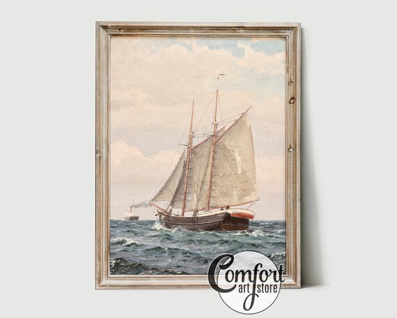 Vintage Sailboat Wall Art Seascape Painting Muted Nautical Neutral Tone Print Boys Room Wall Decor Antique Printable Marine Poster Digital