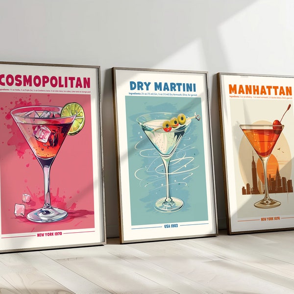 Cocktail Print Set of 3 Retro Exhibition Poster Cosmopolitan Dry Martini Manhattan Printable Classic Alcohol Cocktails Home Bar Cart Decor