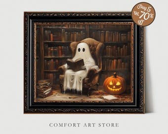 May include: A framed Halloween-themed print depicts a ghost reading in a library. The ghost is seated in a brown armchair, with a carved pumpkin and books nearby. The print is in a black frame with a decorative border. The text "COMFORT ART STORE" is at the bottom.