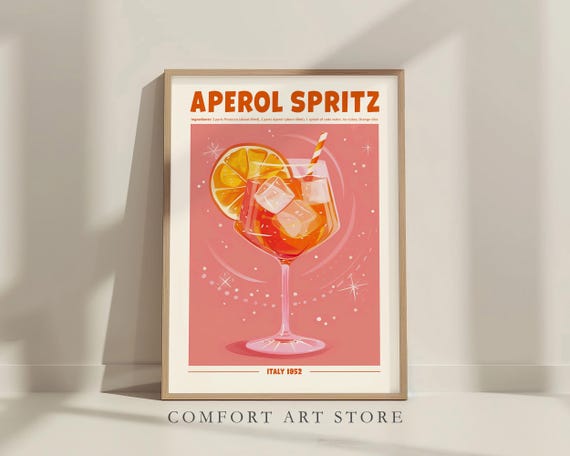 Aperol Spritz Cocktail Print. Classic Alcohol Cocktail. Retro Cocktail Exhibition Poster. Home Bar Cart Decor. Aperol Cocktail Printable