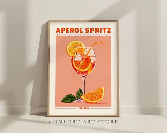 Aperol Spritz Print Cocktail Poster Alcohol Cocktail Aperol Spritz Wall Art Home Bar Cart Decor Retro Sign Drink Mixology Gift Aperol Recipe