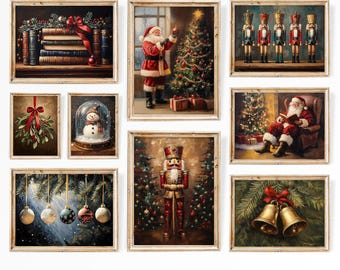 Christmas Wall Art Set of 9, Vintage Winter Prints, Printable Christmas Gallery Set, Holiday Decor Bundle Rustic Christmas Painting Wall Set