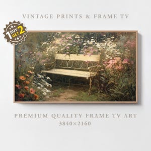 May include: A framed print of a garden scene with a white bench surrounded by colorful flowers. The artwork is labeled "VINTAGE PRINTS & FRAME TV" and "PREMIUM QUALITY FRAME TV ART". The image includes a "BUY 1 GET 2" sticker.