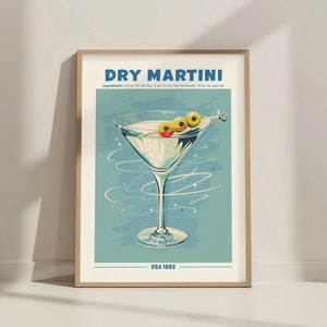 Dry Martini Cocktail Print. Classic Alcohol Cocktail. Retro Cocktail Exhibition Poster. Home Bar Cart Decor. Dry Martini Cocktail Printable
