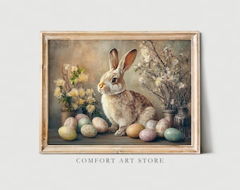 Vintage Easter Bunny Print: Spring Flowers & Eggs (Digital Download)