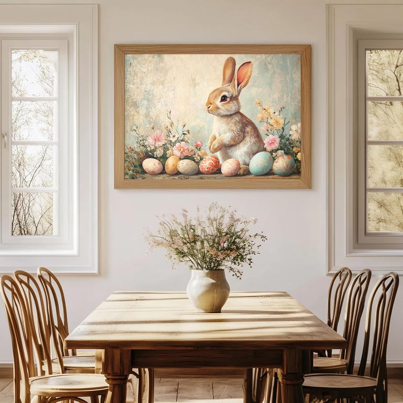 Puede incluir: Una pintura enmarcada de un conejo marr&oacute;n sentado entre huevos de Pascua de colores pastel y flores rosas y blancas. El fondo es una acuarela de color azul claro y verde.