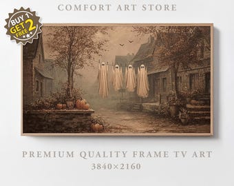 Halloween Frame TV Art Halloween Cute Ghost Ghost Laundry Vintage Haunted Town Fall Painting Spooky Decor Dark Academia Samsung Frame TV