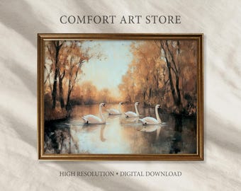 Swan Lake Print Vintage Fall Oil Painting Farmhouse Decor Moody Wall Art Autumn Landscape Printable Forest Swan Pond Country Riverside Print