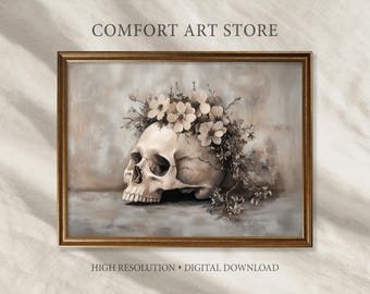 Halloween Skull and Flower Print Vintage Halloween Skull Print Gothic Printable Skull Sketch Wall Art Victorian Decor Dark Academia Painting