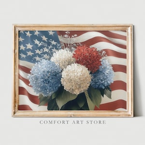 Independence Day Print 4th of July Printable Vintage American Flag Patriotic USA Flag Hydrangea Bouquet Farmhouse Decor Digital Painting Art