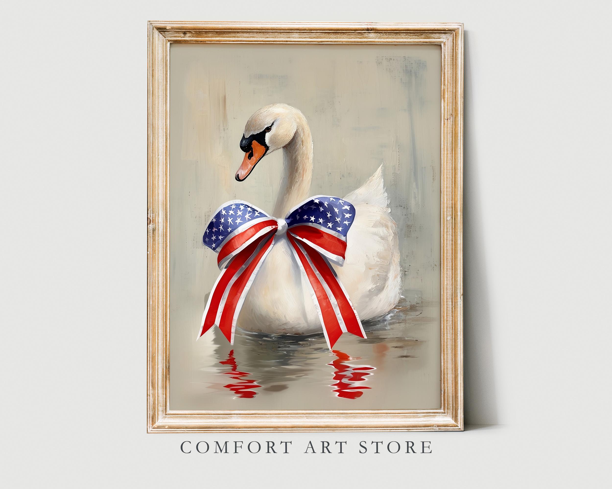 Independence Day Print 4th of July Printable Summer Wall Art Vintage Decor USA Patriotic Swan American Flag Bow Patriotic USA Flag Painting