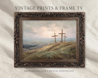 Vintage Easter three crosses sunrise wall art, rustic wooden crosses on hillside, serene Christian landscape, muted oil painting