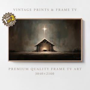Puede incluir: Una impresión enmarcada de una escena de la Natividad. La obra de arte representa un establo con una estrella brillante encima. El texto "VINTAGE PRINTS & FRAME TV" y "PREMIUM QUALITY FRAME TV ART" son visibles.