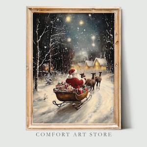 Impresión navideña de Papá Noel en trineo con renos, arte de pared navideño vintage, decoración navideña de bosque nevado, decoración navideña de temporada, arte de pueblo
