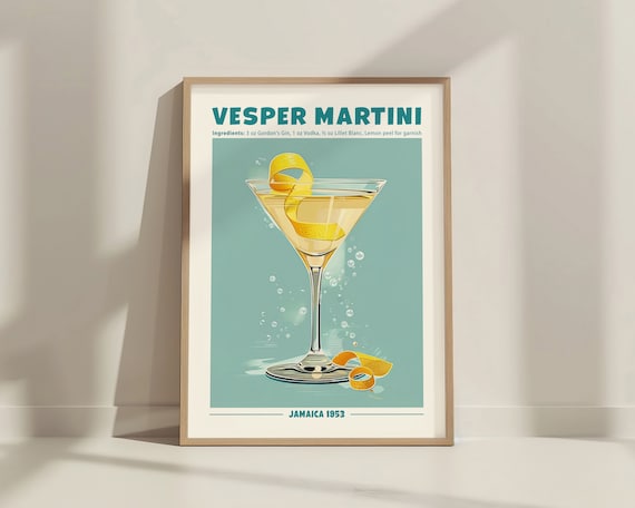 Vesper Martini Cocktail Print. Classic Alcohol Cocktail Sign Home