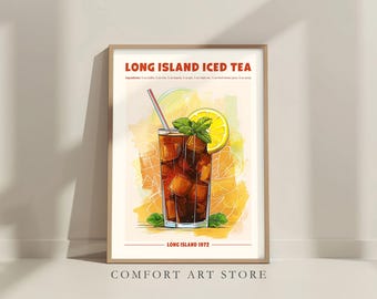 Impresión de cóctel de té helado Long Island. Cóctel clásico con alcohol. Cóctel retro. Póster de bebidas para exposiciones. Receta imprimible para decorar carritos de bar.