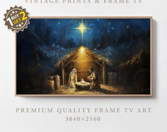 May include: A framed print of a nativity scene. The artwork depicts a stable with a bright star overhead, figures of Mary, Joseph, and baby Jesus. The text "VINTAGE PRINTS & FRAME TV" and "PREMIUM QUALITY FRAME TV ART" are visible.