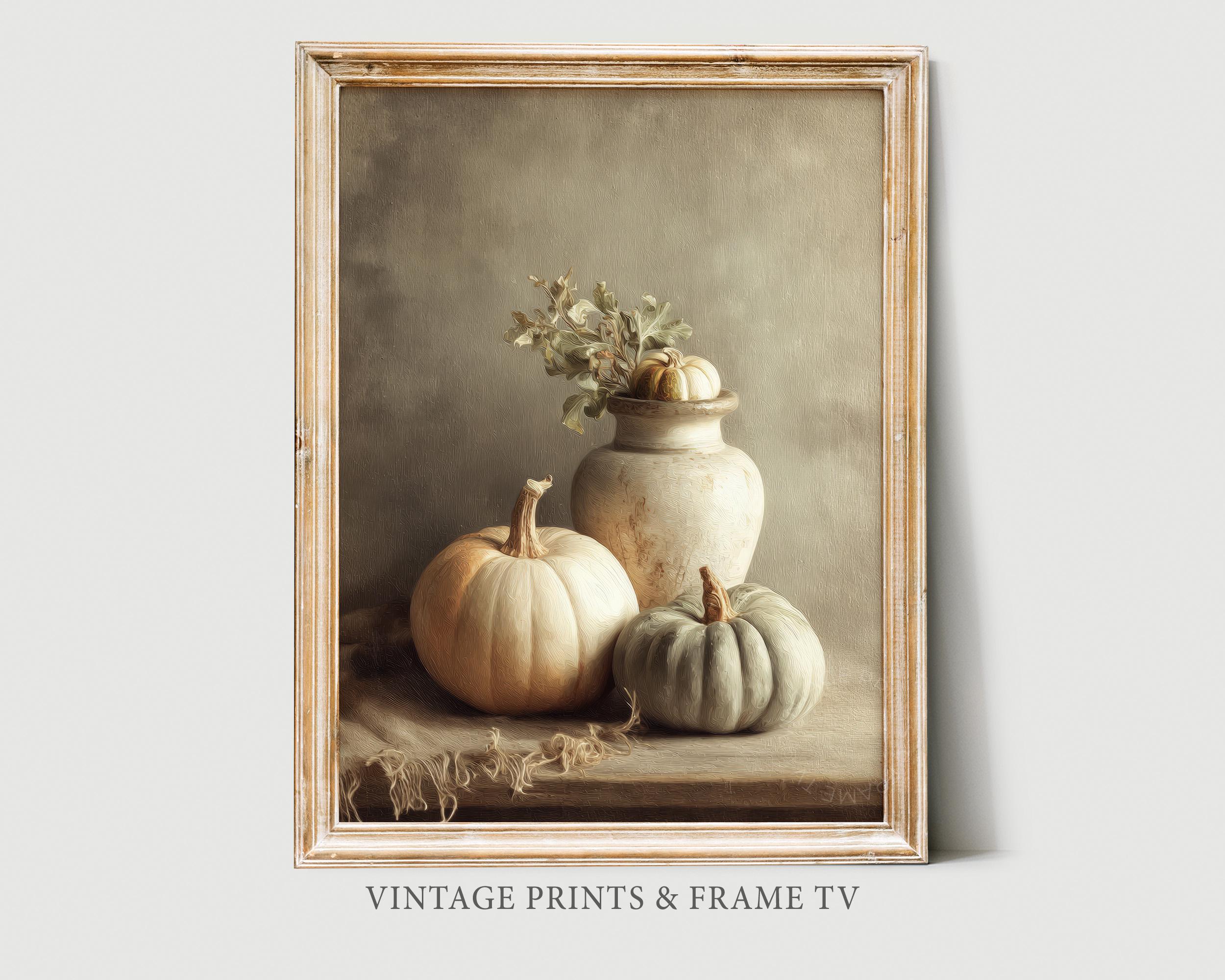 Neutral Pumpkin Still Life Wall Art, Vintage Oil Painting Style Fall ...