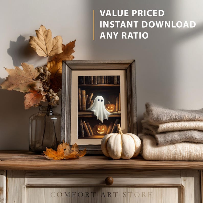 Halloween Cute Ghost Reading Book Print Vintage Gothic Printable Wall ...