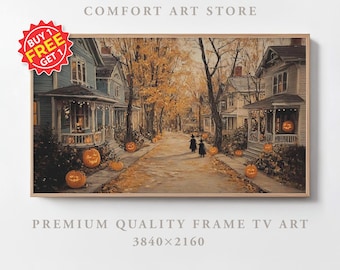 Halloween Frame TV Art Halloween Town Street Samsung Frame TV Jack o Lantern Painting Vintage Autumn Cottagecore Spooky Decor Fall Frame TV
