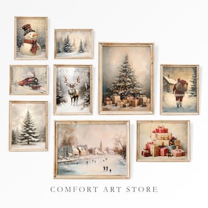Christmas Wall Art Set of 9, Vintage Winter Prints, Printable Christmas Gallery Set, Holiday Decor Bundle Rustic Christmas Painting Wall Set
