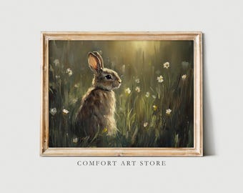 Paashaas afdrukken antieke paashaas schilderij donkere lente wilde bloemen kinderkamer afdrukbare paashaas kunst aan de muur paasdecor vintage konijn