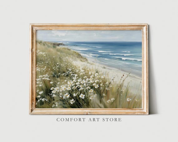 Coastal Wildflower Field Print Sea Landscape Painting Vintage