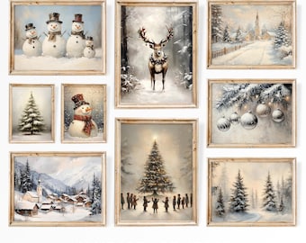 Christmas Wall Art Set of 9, Vintage Winter Prints, Printable Christmas Gallery Set, Holiday Decor Bundle Rustic Christmas Painting Wall Set