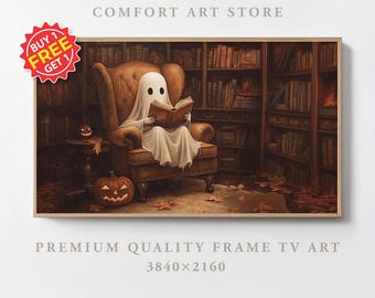 May include: A framed print of a ghost reading a book in a cozy library setting. The ghost is draped in a white sheet and seated in a brown armchair. A carved pumpkin and autumn leaves add to the Halloween theme. The text "COMFORT ART STORE" is visible.
