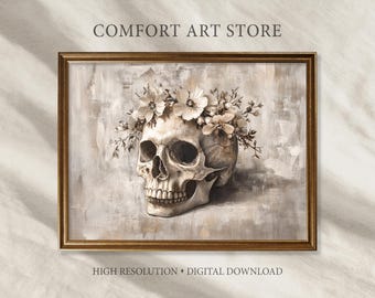 Halloween Skull and Flower Print Vintage Halloween Skull Print Gothic Printable Skull Sketch Wall Art Victorian Decor Dark Academia Painting