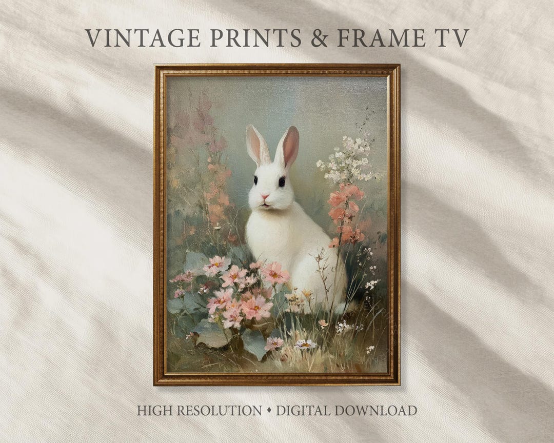 Easter Wall Art Print Spring Rabbit Moody Meadow Flowers Vintage Bunny ...
