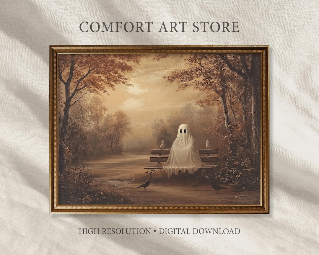 Halloween Cute Ghost in Park Print Vintage Printable Moody Wall Art ...