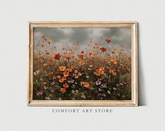 Herbst Landschaft mit Wildblumen Feld Druck Vintage Landschaft Gemälde Bauernhaus Dekor stimmungsvolle Herbst Wand Kunst druckbare botanische Landschaft Herbst Kunst