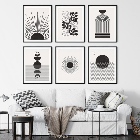Black White Wall Art Set of 6 Print Boho Sun Phases Moon | Etsy