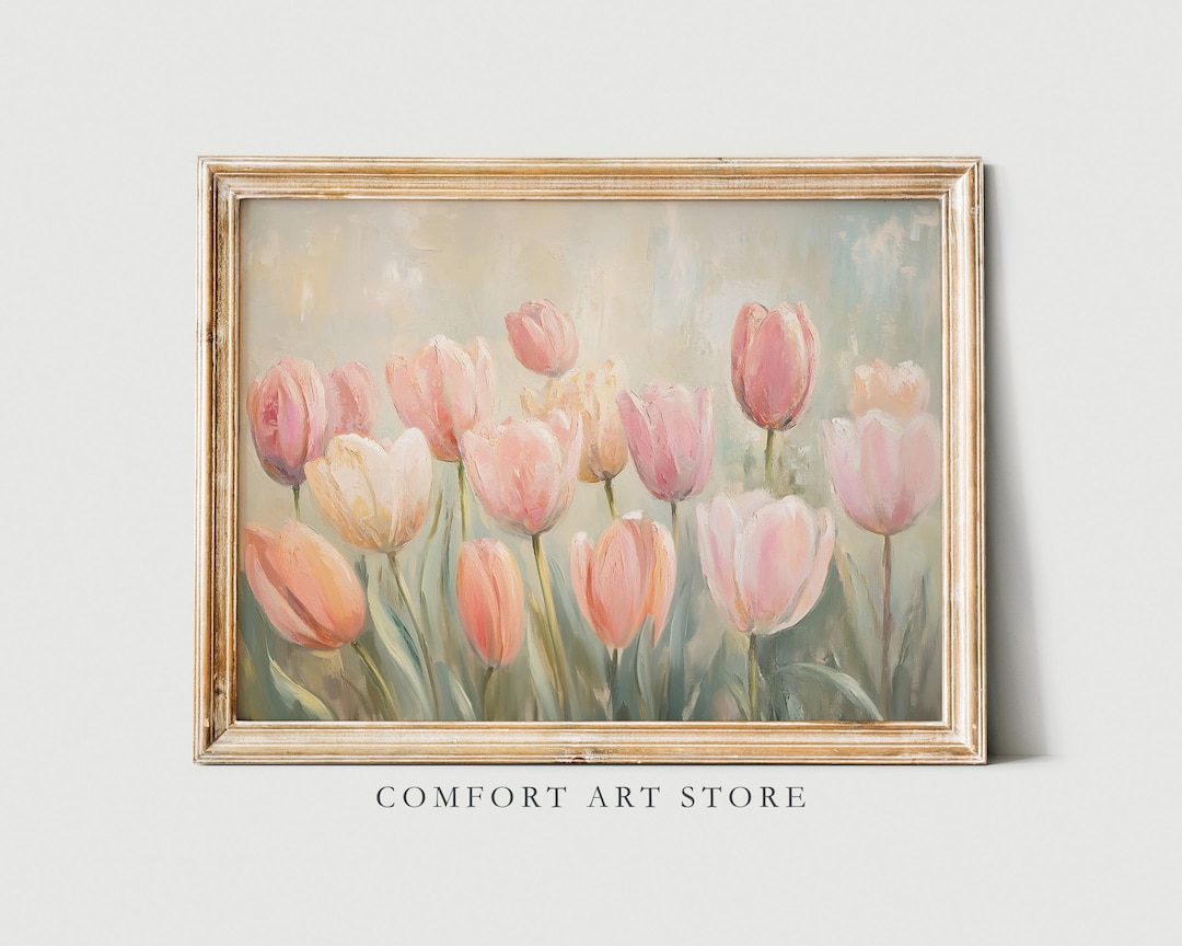 Vintage Tulip Field Print Easter Decor Spring Pink Tulip Flower Wall ...