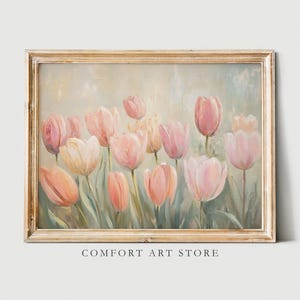 Vintage Tulpenfeld Druck Ostern Dekor Frühling rosa Tulpe Blume Wand Kunst Vintage druckbare Frühlingslandschaft Botanische Bauernhaus Ölgemälde
