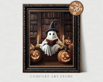 May include: A framed Halloween-themed print featuring a ghost wearing a witch hat and reading a book in a library setting. Lit candles and carved pumpkins surround the ghost. The print has a dark wooden frame and the text "COMFORT ART STORE".