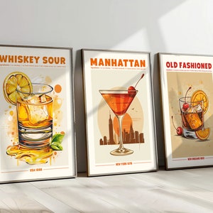 Cocktail Print Set of 3 Retro Exhibition Poster Whiskey Sour Manhattan Old Fashioned Printable Classic Alcohol Cocktails Home Bar Cart Decor