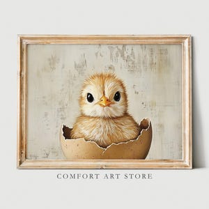 May include: A painting of a baby chick peeking out of a cracked eggshell. The chick is yellow with a white belly and has a small beak and black eyes. The background is a light brown with a textured look.