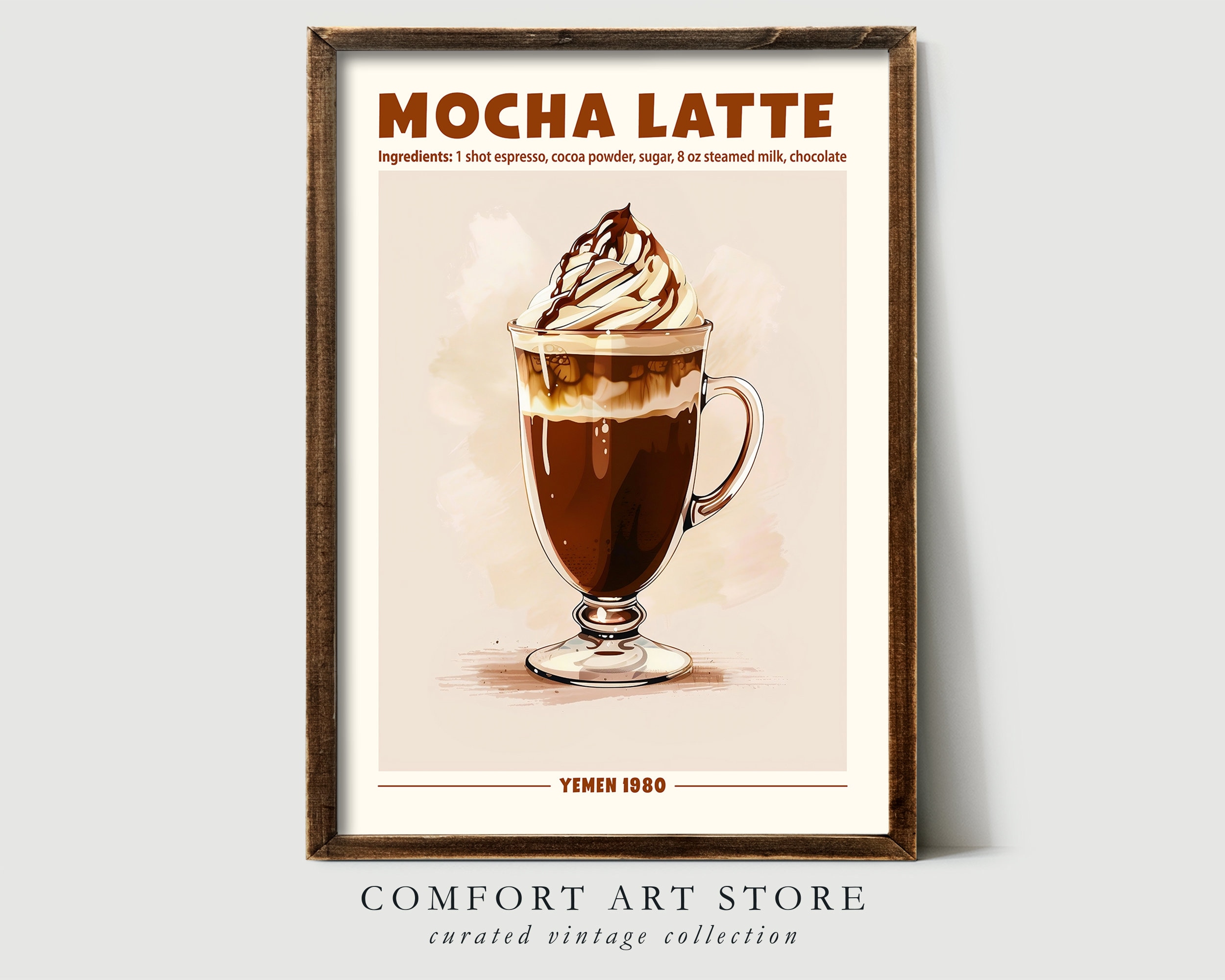 Retro Mocha Latte Coffee Print. Home Bar Kitchen or Cafe Decor