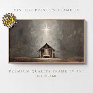 Peut inclure: Impression encadrée d'une scène de la Nativité. L'œuvre représente une étable en bois rustique éclairée par une étoile brillante. La palette de couleurs est sourde avec des nuances de marron et de gris. Le texte "VINTAGE PRINTS & FRAME TV" est en haut.