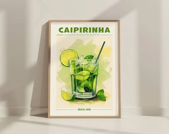 Caipirinha Cocktail Print. Classic Alcohol Cocktail. Retro Cocktail. Exhibition Drink Poster. Home Bar Cart Decor. Recipe Mixology Gift.
